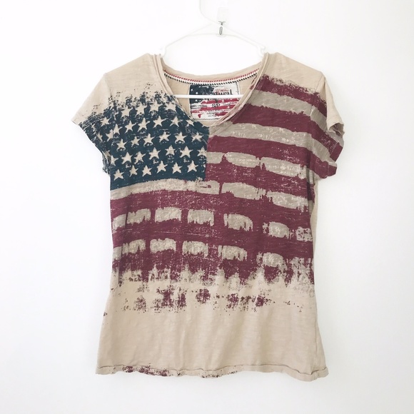 Natural Reflections Tops - Patriotic American Flag V-Neck Beige Cotton Tee S